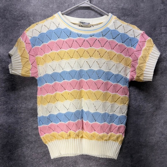 VTG Y2K Kenneth Too Rainbow Pastel Crochet Cropped Sweater Top Womens PS - Picture 1 of 8